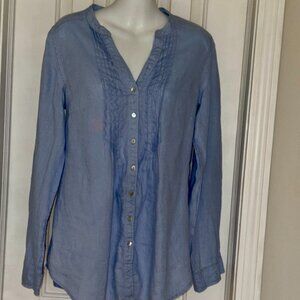 Malvin “I Love Linen” Blue Button down S top W/ Rolled Sleeves front pin tucks